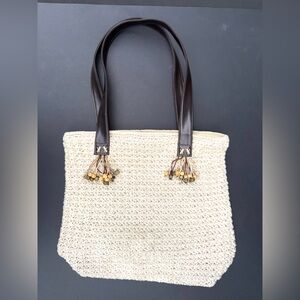 THE SAK Tan Cream Crochet knit Wood Bead Tassel Hobo Leather Shoulder Bag